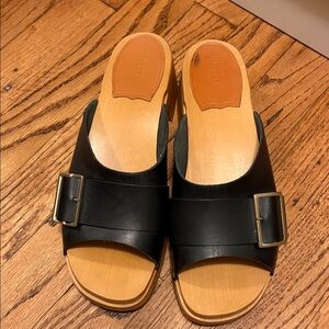 Swedish Hasbeens Black Leather Wooden Clogs